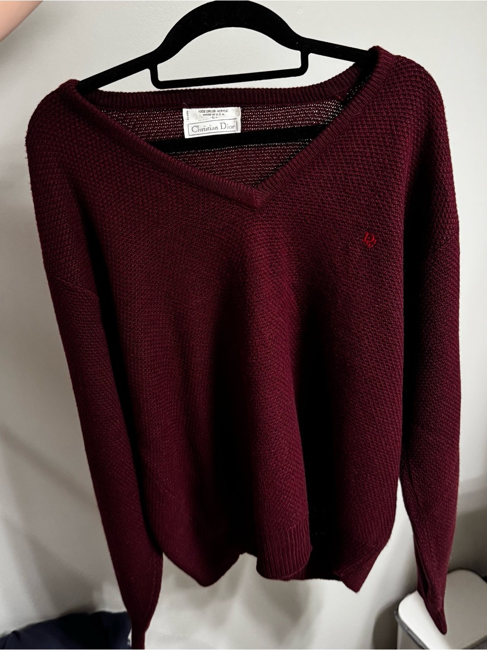 Christian Dior Vintage Burgundy V-Neck Sweater Embroidered Logo Made in USA L
